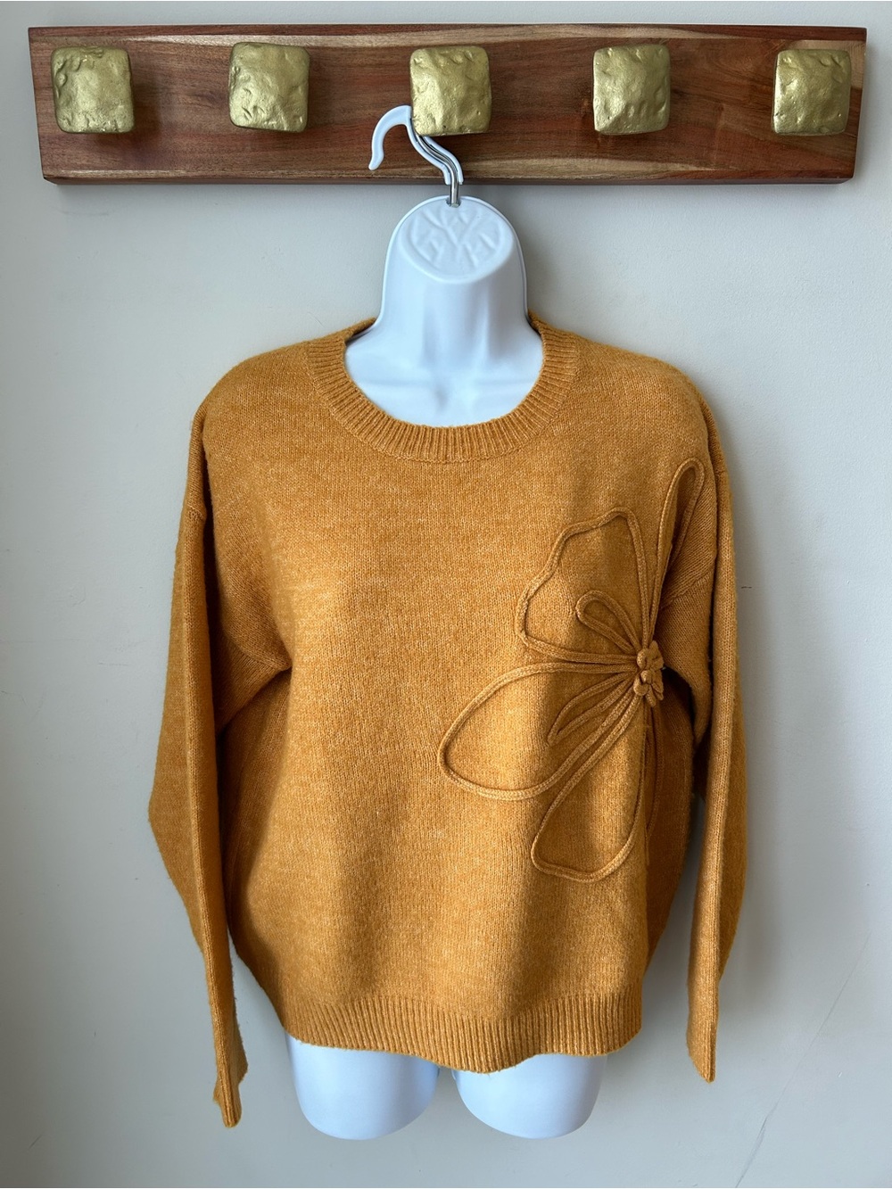 Mustard Floral Appliqué Knit Sweater | Cottagecore Cozy Pullover M
